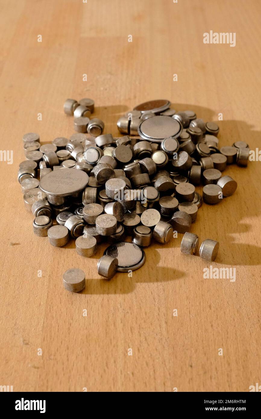 Batteries for recycling. Hearing aid and assorted button cells Stock