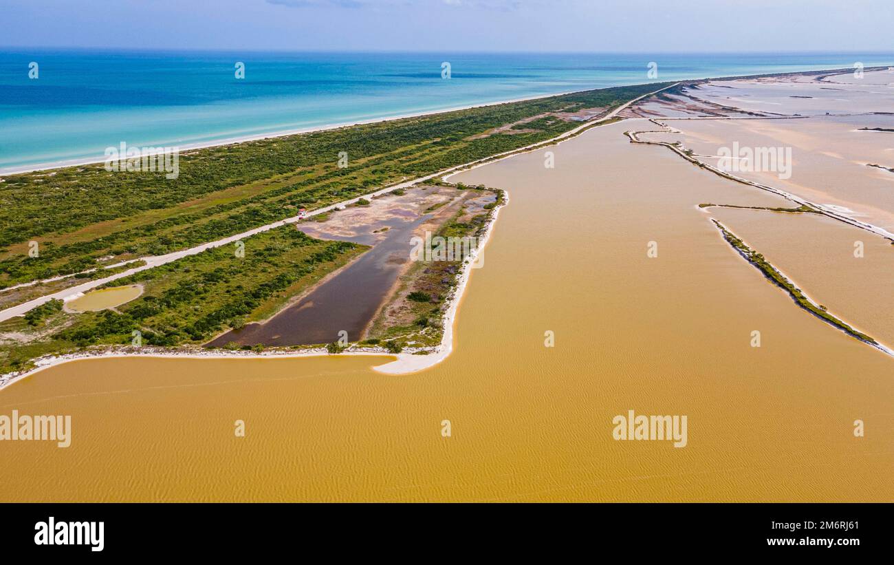 Aerial of the colourful salinas of Las Coloradas, Yucatan, Mexico Stock Photo