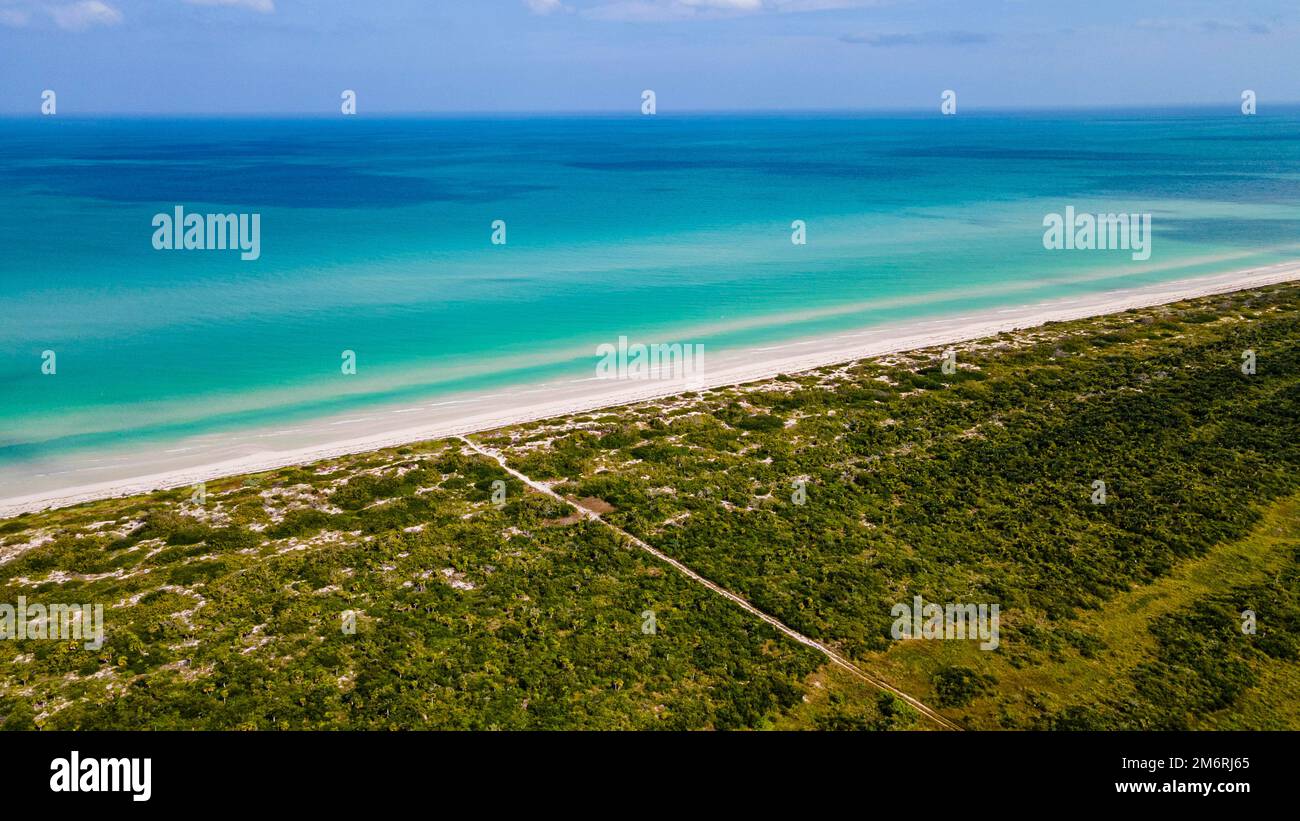 Aerial of the white sand beach and turquoise waters of Las Coloradas