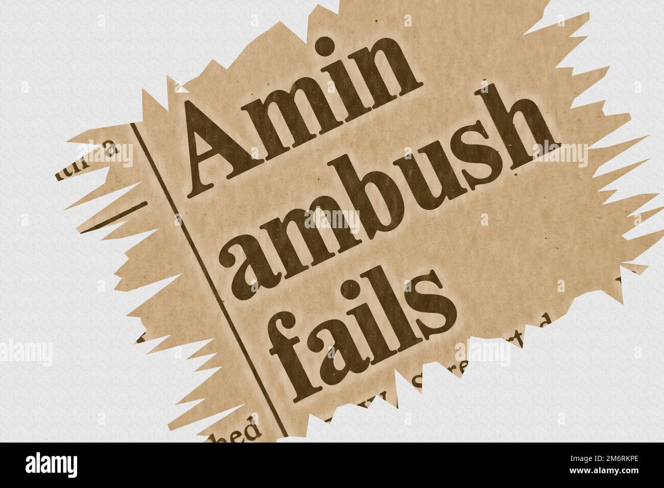 Amin ambush fails - news story from 1975 newspaper headline article title with highlight sepia overlay Stock Photo