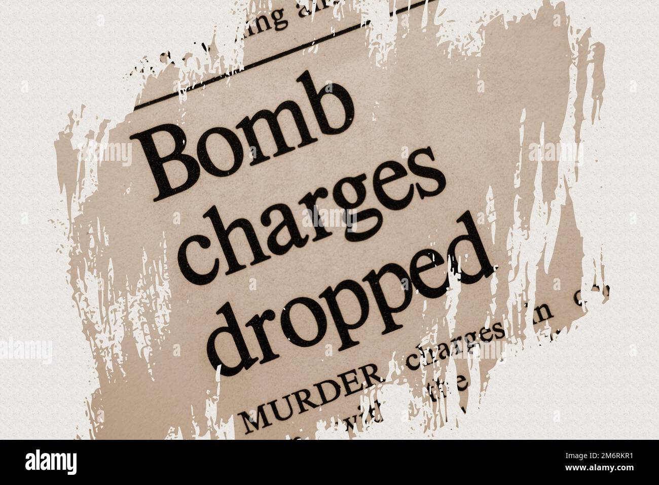 Bomb charges dropped - news story from 1975 newspaper headline article title with overlay in sepia Stock Photo