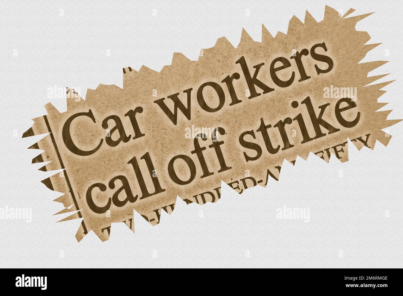 Car workers call off strike - news story from 1975 newspaper headline article title with highlighted overlay Stock Photo