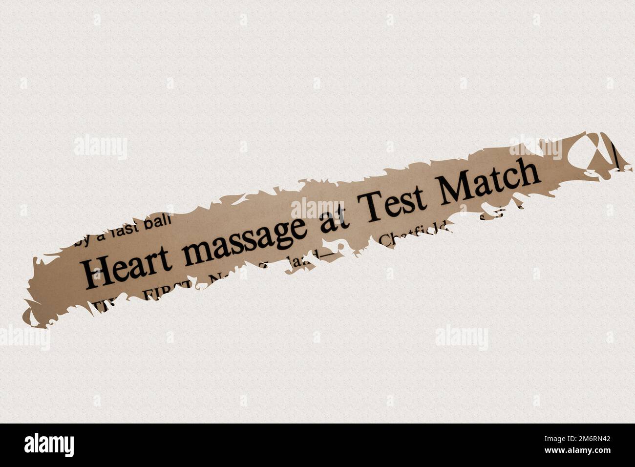 Heart massage at Test Match - news story from 1975 newspaper headline article title with overlay in sepia Stock Photo