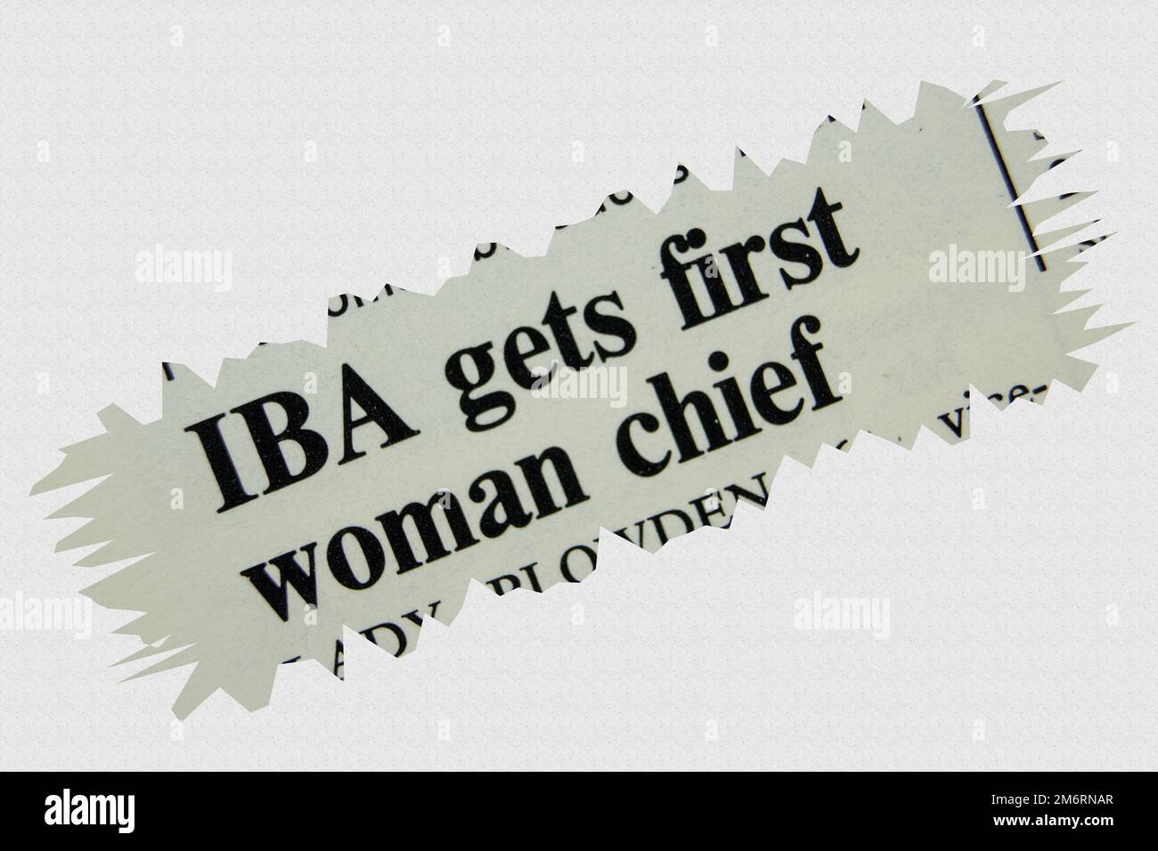 IBA gets first woman chief - news story from 1975 newspaper headline article title with overlay Stock Photo