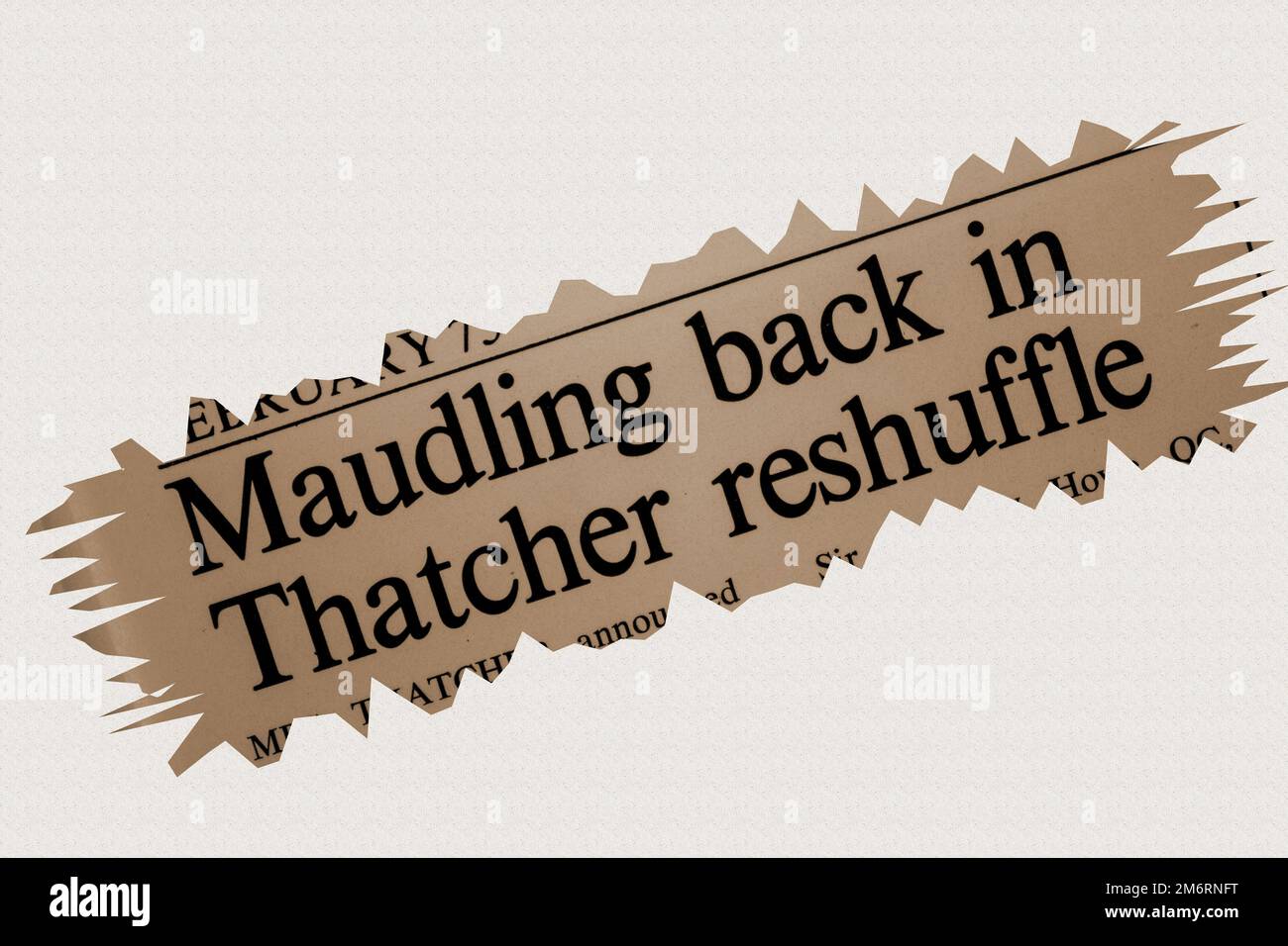 Maudling back in Thatcher reshuffle - news story from 1975 newspaper headline article title with overlay in sepia Stock Photo