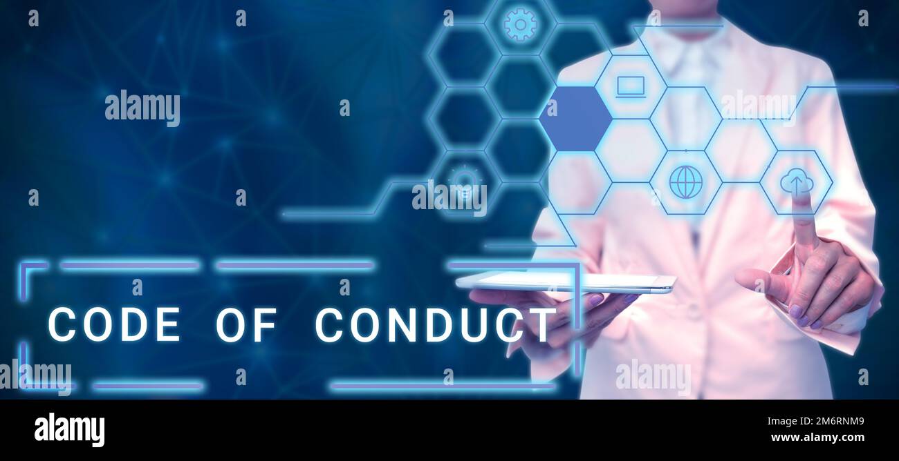 Text caption presenting Code Of Conduct. Business overview Ethics rules ...