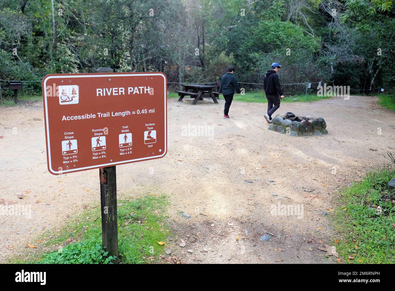 Hiking trail signs and markers at Pfeiffer Big Sur State Park in Monterey County, California, near the area of Big Sur on the state's Central Coast. Stock Photo