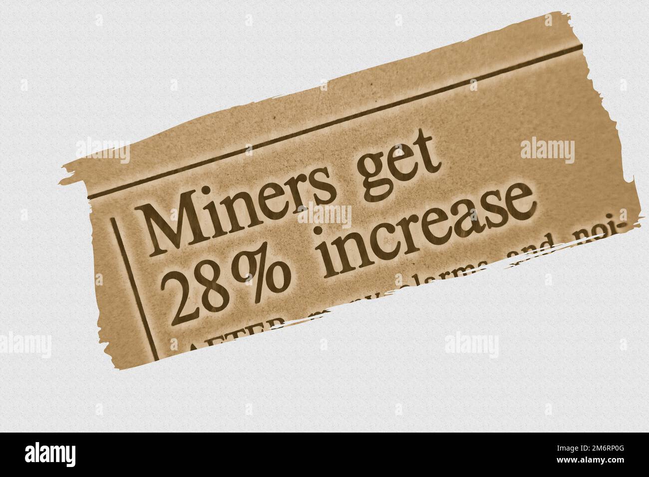 Miners get 28% increase - news story from 1975 newspaper headline article title with highlight sepia overlay Stock Photo