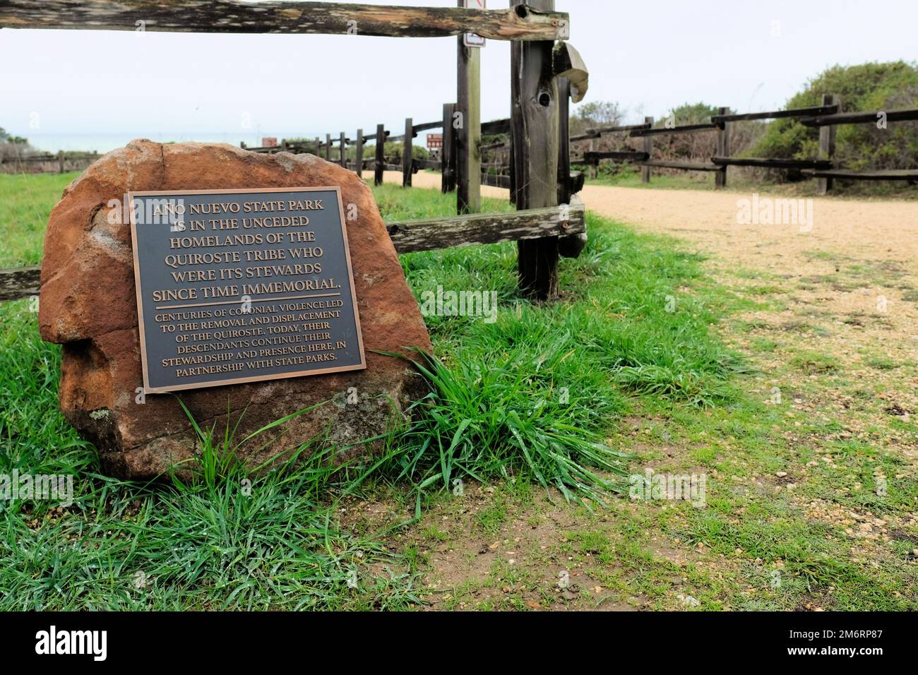 Indigenous land acknowledgment at Año Nuevo State Park in San Mateo County, California; recognition of colonial violence of the Quiroste people. Stock Photo