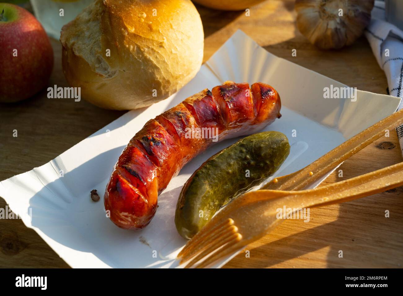 Grilled sausage with pickles Stock Photo