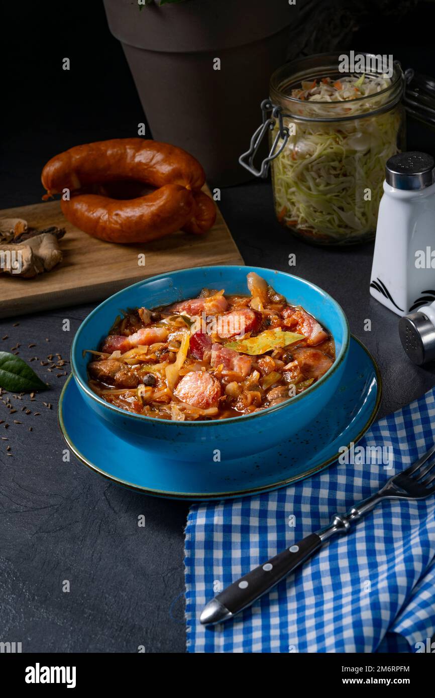 Polish bigos with sausage and mushrooms Stock Photo Alamy