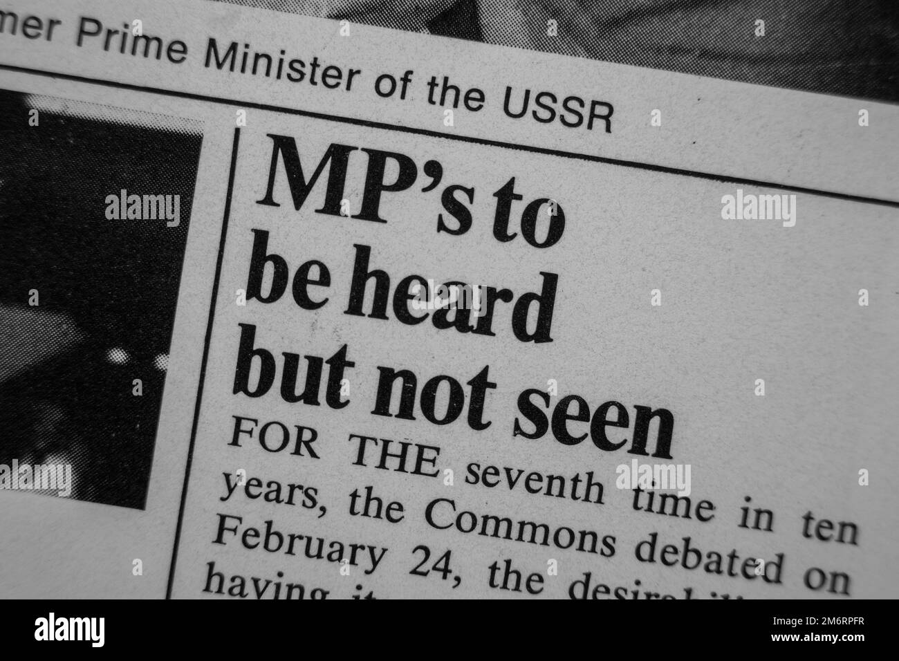 MP's to be heard but not seen - news story from 1975 newspaper headline article title in black and white Stock Photo