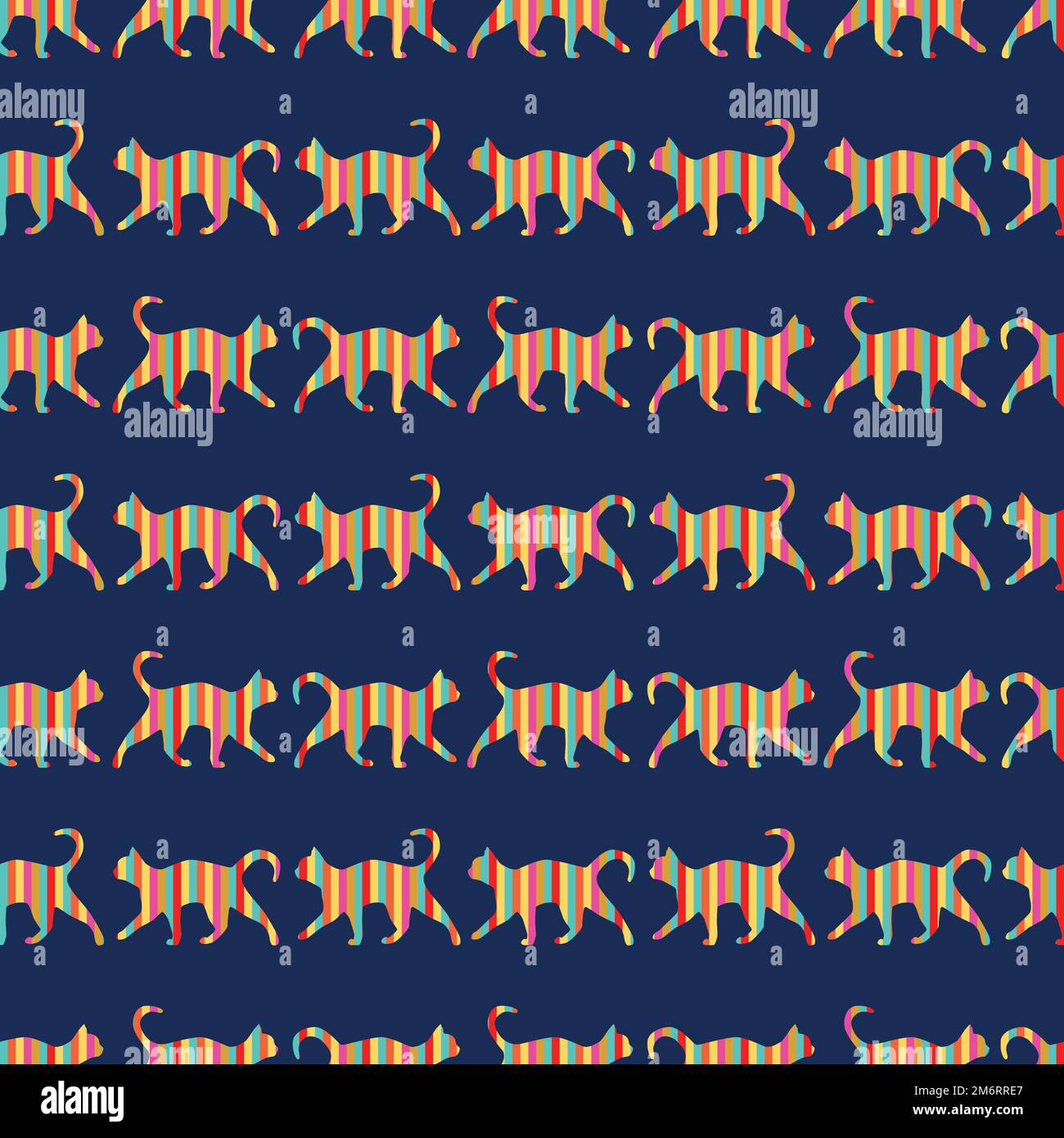 Rainbow striped walking cats vector seamless repeat pattern. Vector illustration Stock Vector
