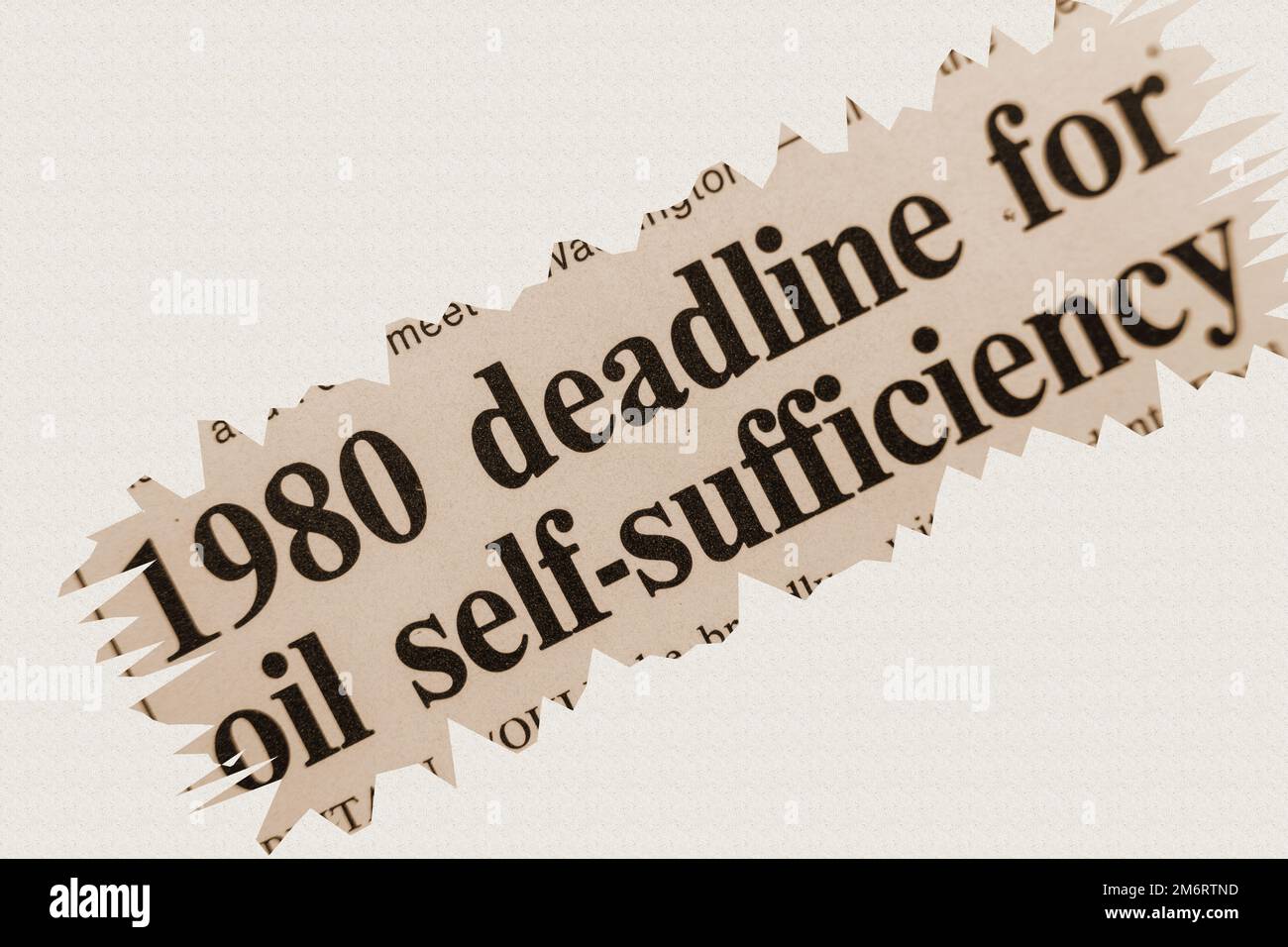 news story from 1975 newspaper headline article title - 1980 deadline for oil self-sufficiency in sepia Stock Photo