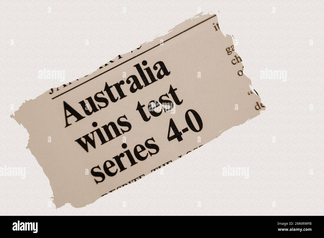 news story from 1975 newspaper headline article title - Australia wins test series 4-0 in sepia Stock Photo