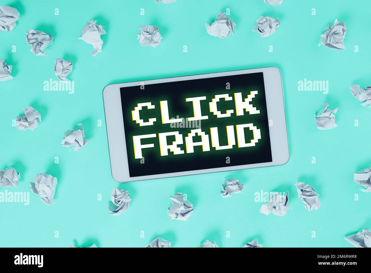 Hand writing sign Click Fraud. Word for practice of repeatedly clicking on advertisement hosted website Stock Photo