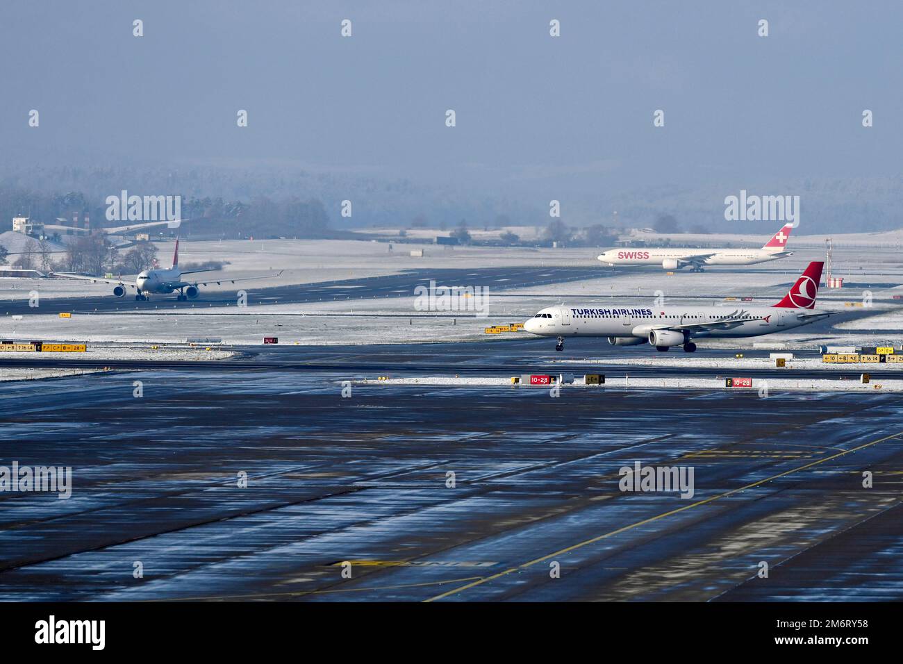 Airport grounds Aircraft Turkish Airlines and Swiss, Zurich Kloten