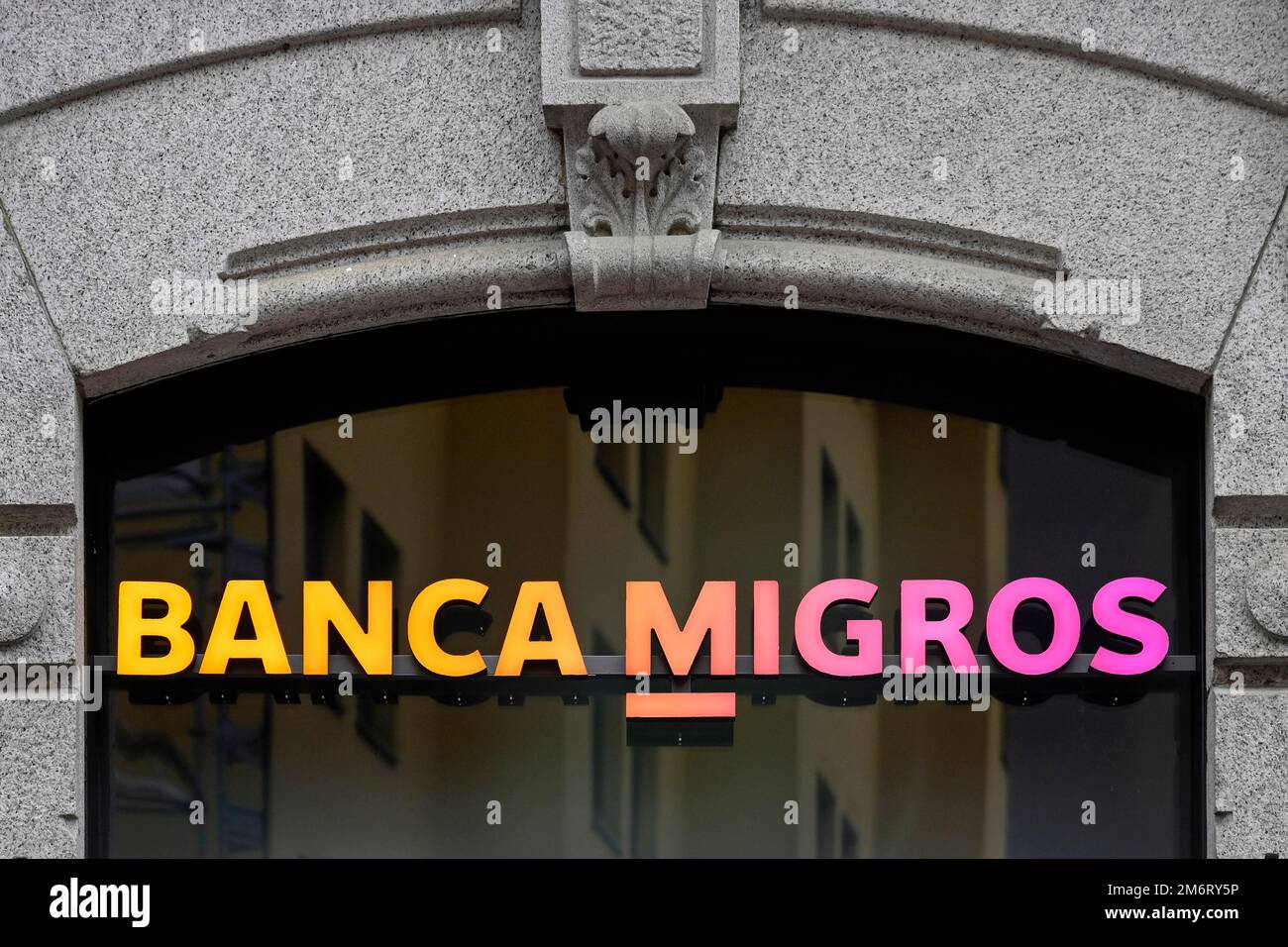 Lettering Banca Migros, Switzerland Stock Photo