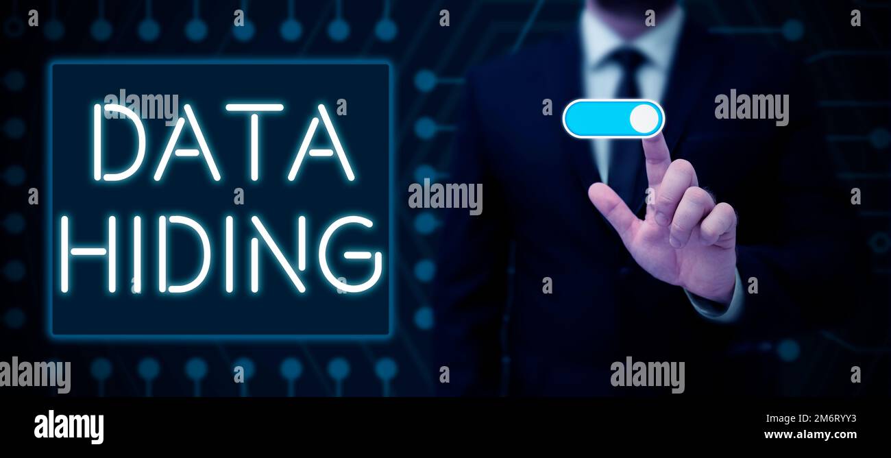 Text showing inspiration Data Hiding. Word for Secretly embedding data