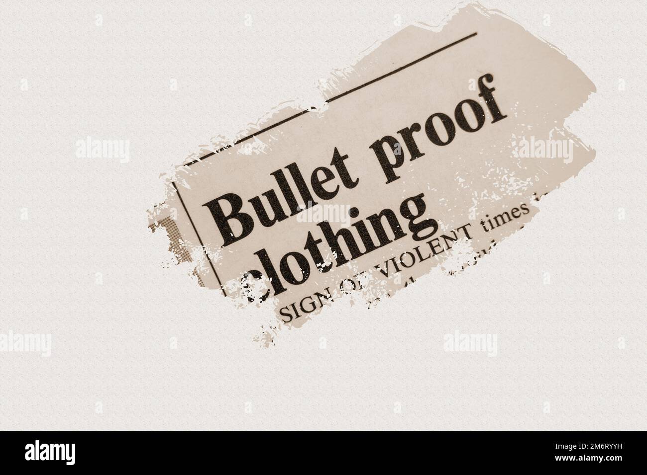 news story from 1975 newspaper headline article title - Bullet proof clothing - sepia Stock Photo