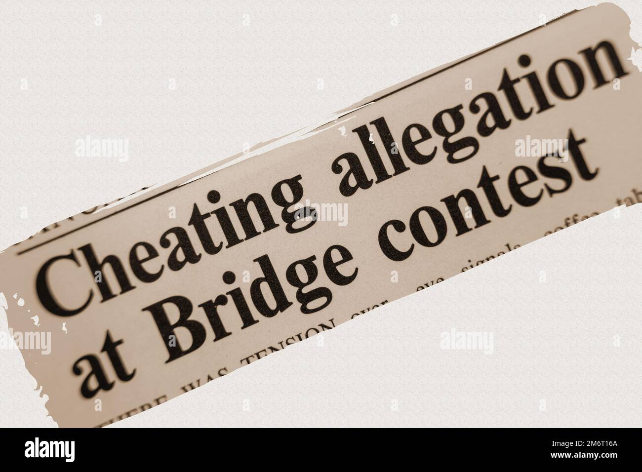 news story from 1975 newspaper headline article title - Cheating allegations at Bridge contest in sepia Stock Photo