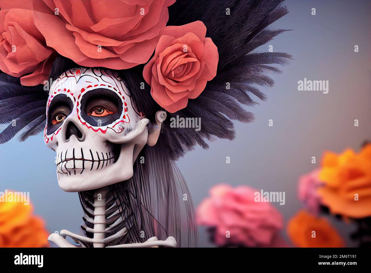 Female skeleton with make up and large fancy hat, Calavera Catrina, Mexican day of the Dead Stock Photo