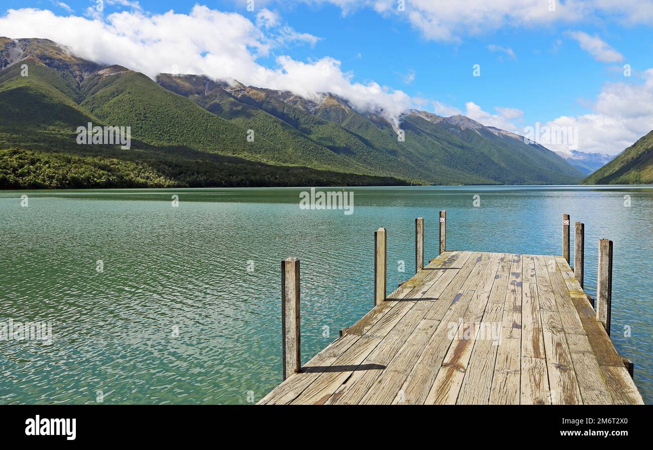 Southern Alps on Rotoiti Lake - Nelson Lakes National Park, New Zealand Stock Photo