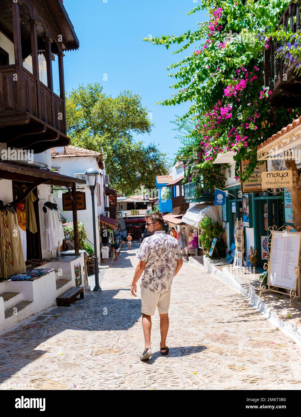 Kas Antalya Turkey , colorful house at the nearow Streets of the old center with many restaurants Stock Photo