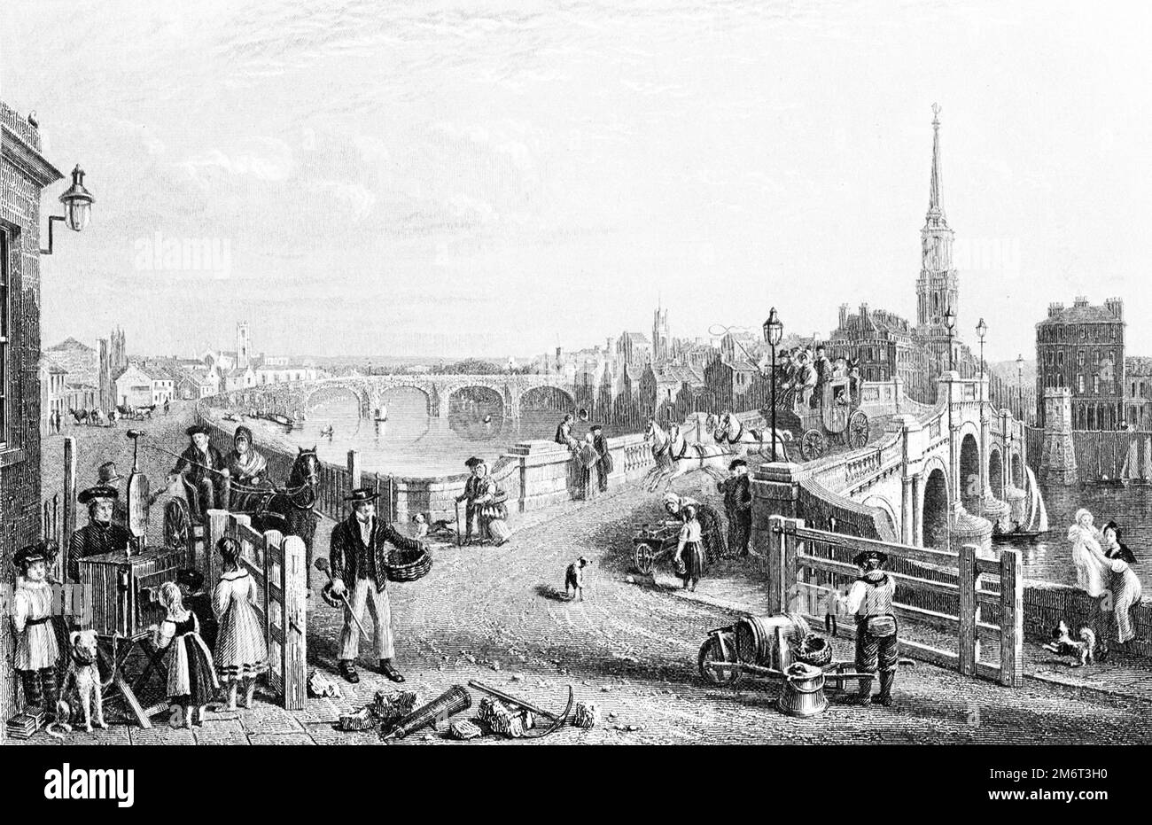 Illustration of a peepshow street showman (bottom left) in Ayr, Scotland in the 1840s Stock Photo