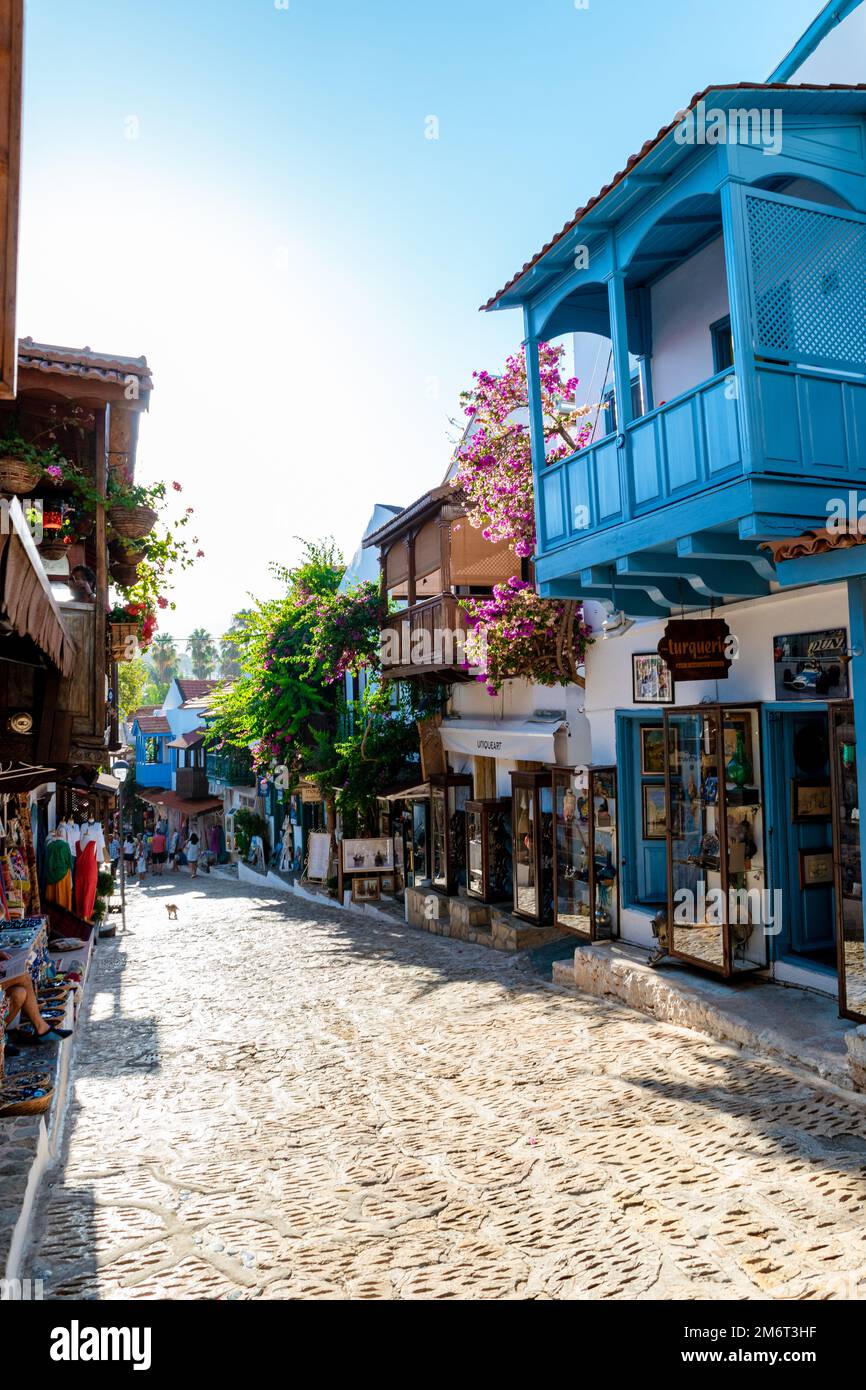 Kas Antalya Turkey , colorful house at the nearow Streets of the old center with many restaurants Stock Photo