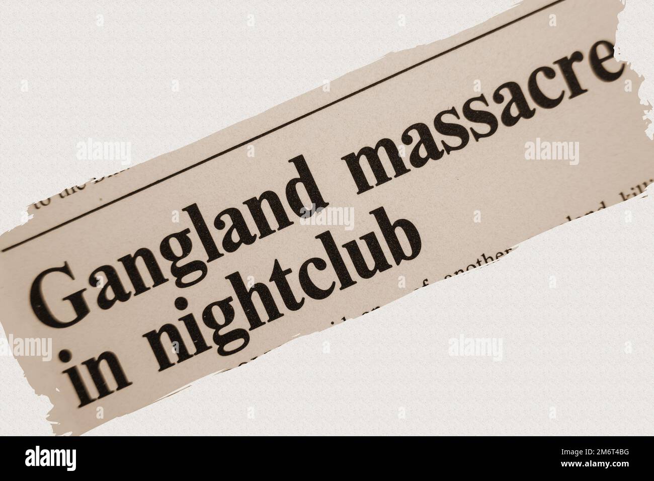 news story from 1975 newspaper headline article title - Gangland massacre in nightclub - overlay sepia Stock Photo