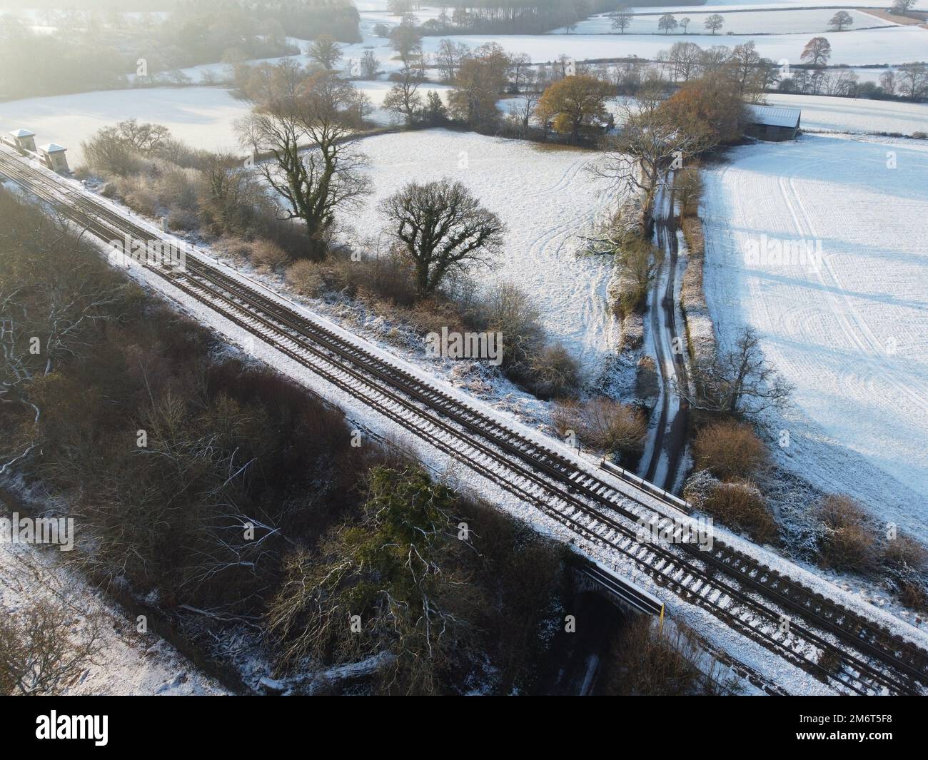 Aerial view of Ouse Valley Viaduct in the snow, winter 2022 Stock Photo