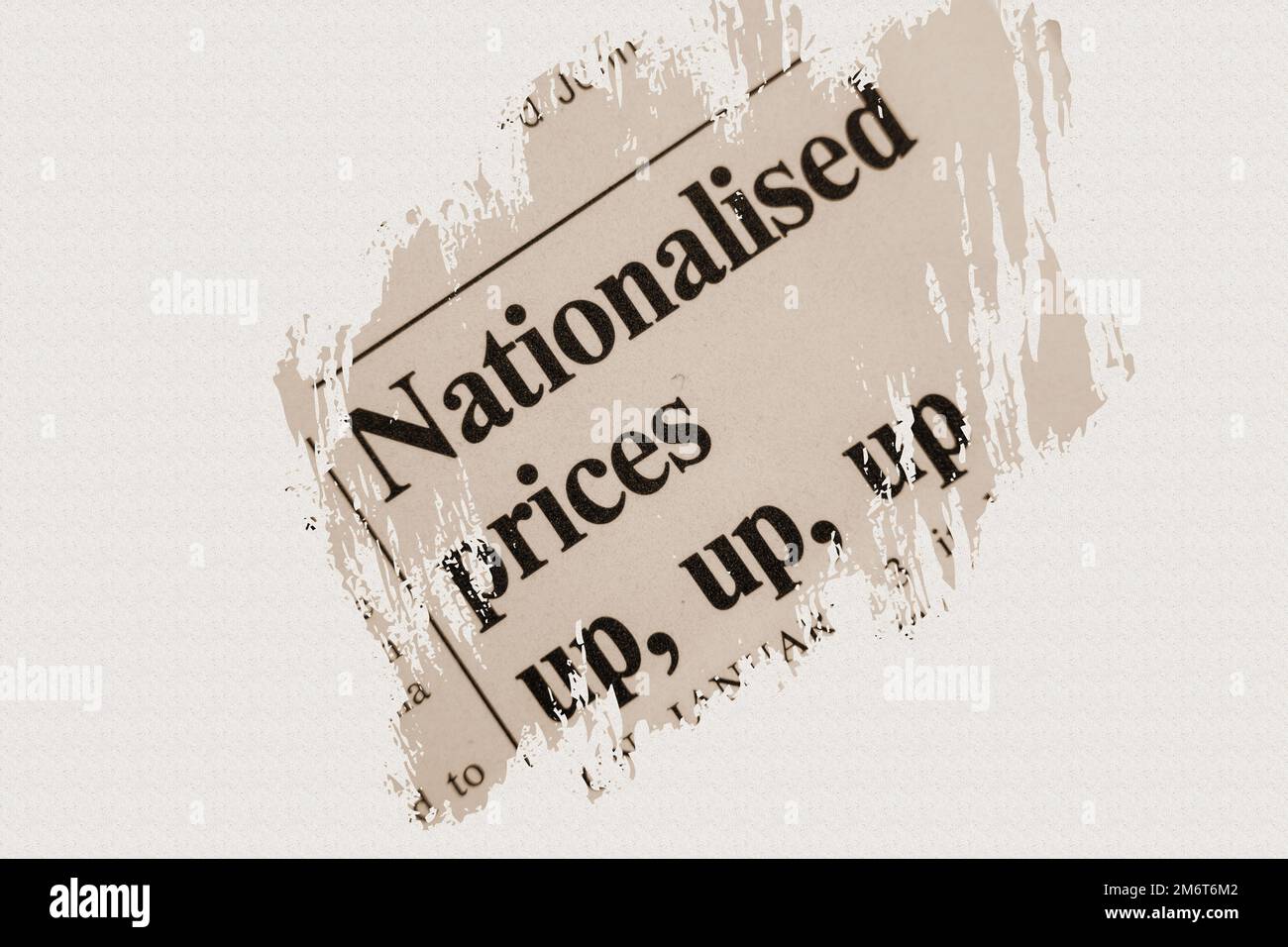 news story from 1975 newspaper headline article title - Nationalised prices up, up, up in sepia Stock Photo