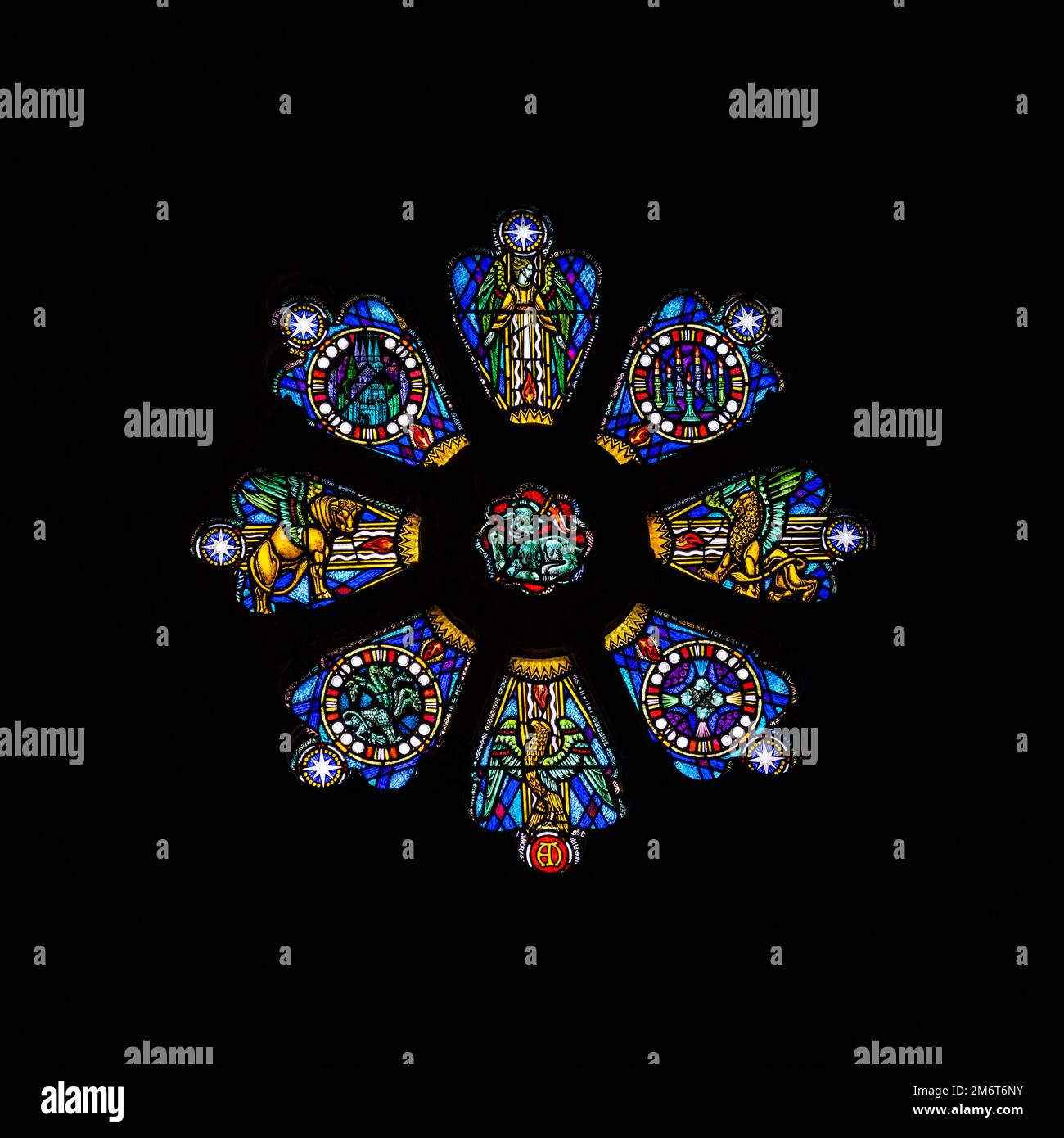 Closeup view of a cicular stained glass window inside the St Davids