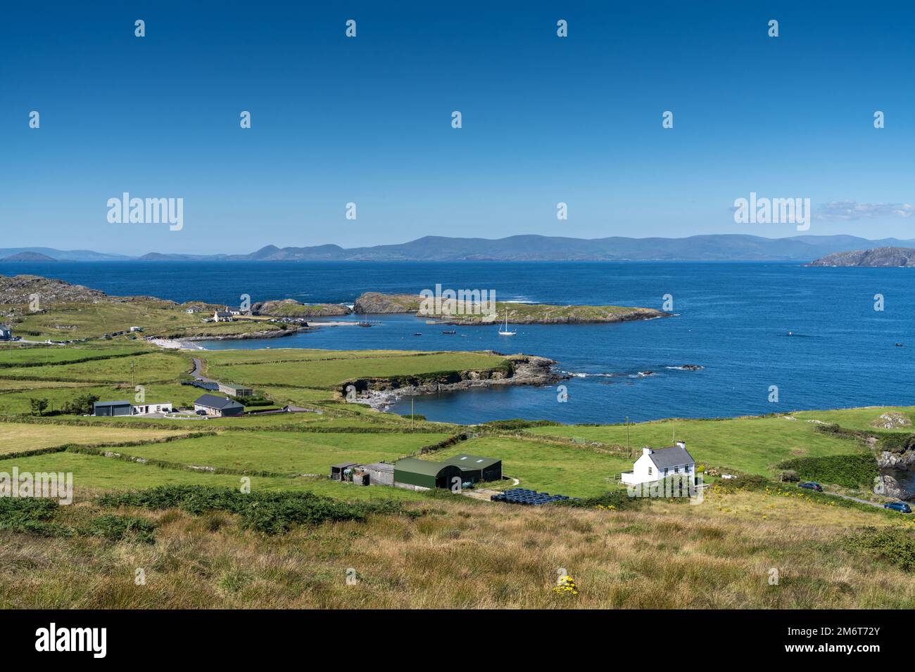 A view of the Iveragh Peninsula and Kells Bay in County Kerry Stock Photo
