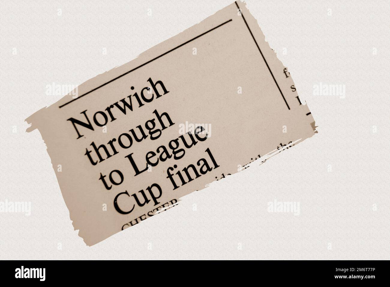 news story from 1975 newspaper headline article title - Norwich through to League Cup final - sepia Stock Photo