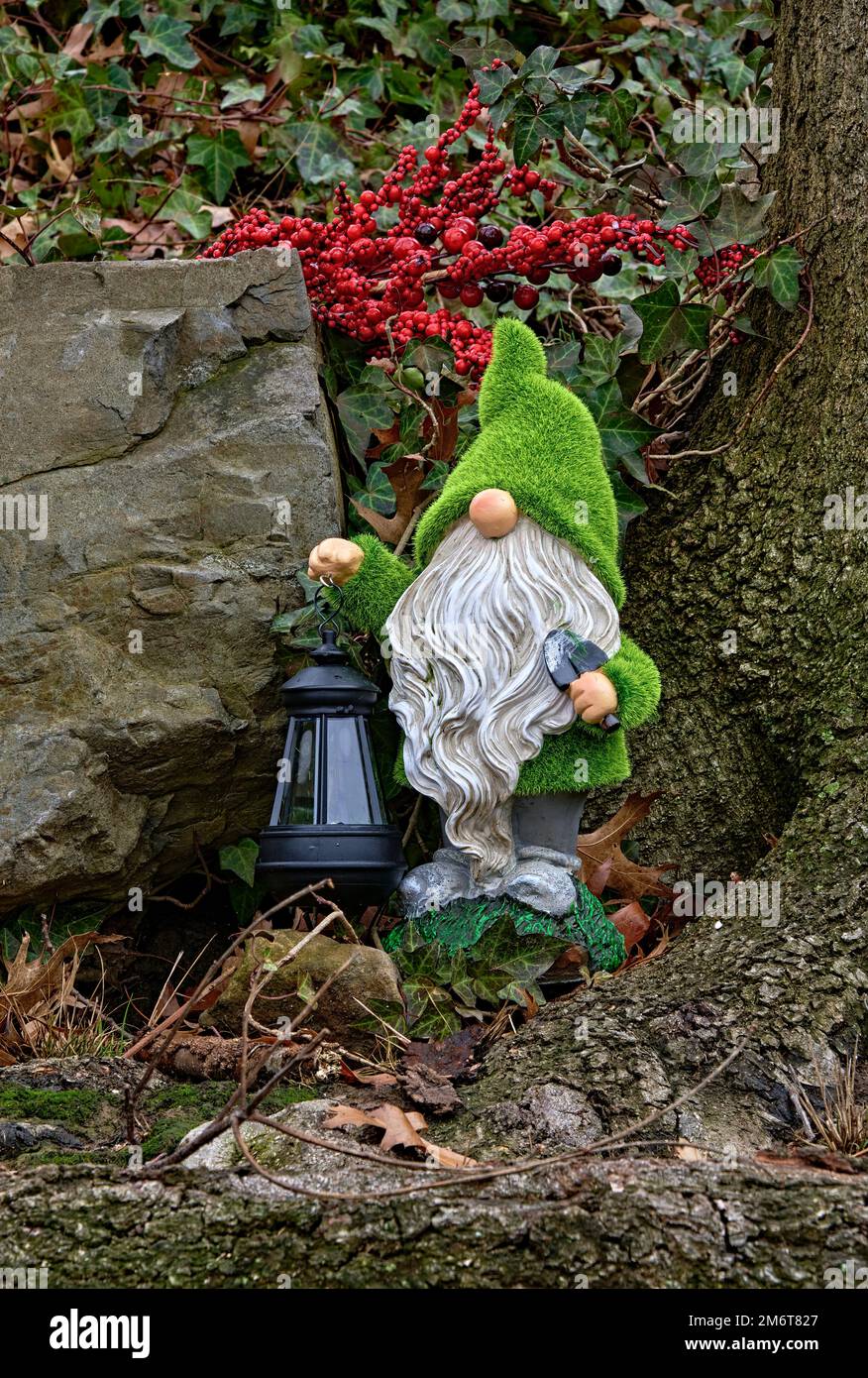 A cute little garden Gnome. With a magic lantern,green hair and a small shovel. With some red berries in the background. Stock Photo