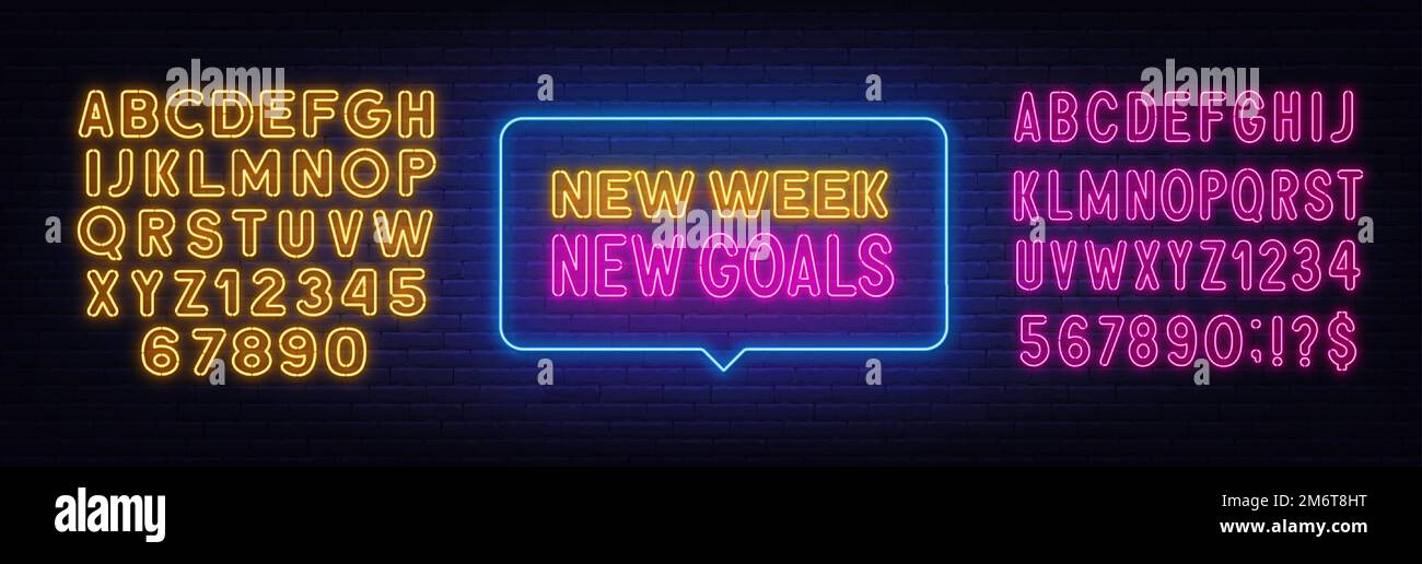 New Week New Goals neon quote on brick wall background. Inspirational ...