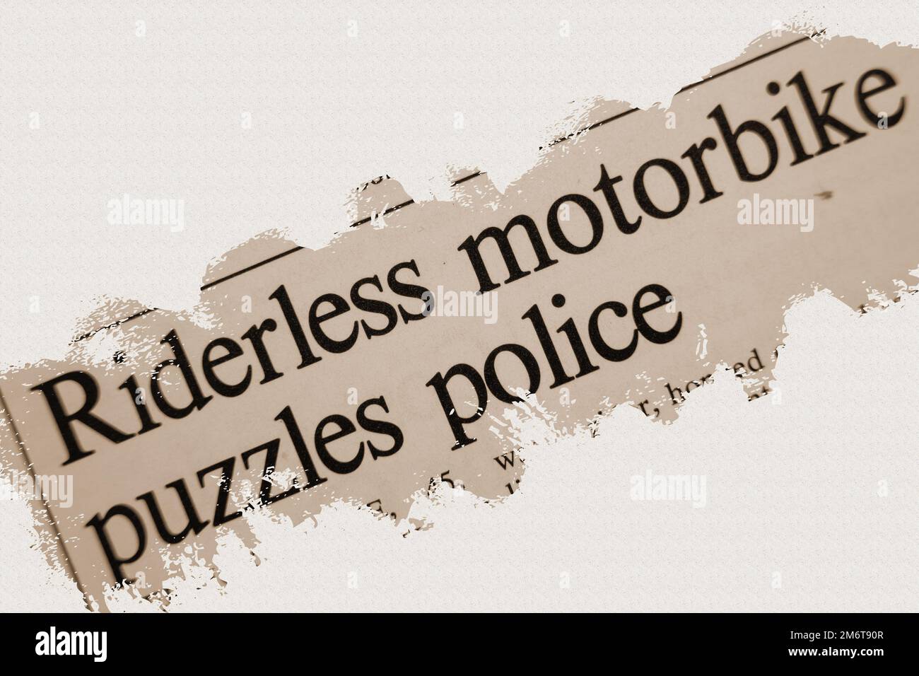 news story from 1975 newspaper headline article title - Rideless motorbike puzzles police - sepia Stock Photo