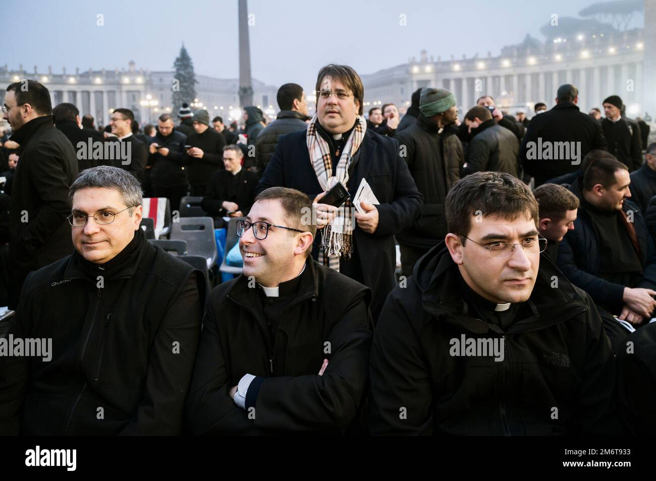 Rome, Catanzaro, Italy. 5th Jan, 2023. Religious people seen waiting for the ceremony. The funeral of the Pope Emeritus Benedict XVI, also known as Papa Ratzinger, was hold in St. Peter Square in Rome, celebrated by the current Pope Francis. Benedict XVI retired from his position as former Pope, in 2013, settling up an innovative practice in the history of Catholic Church. (Credit Image: © Valeria Ferraro/ZUMA Press Wire) Stock Photo