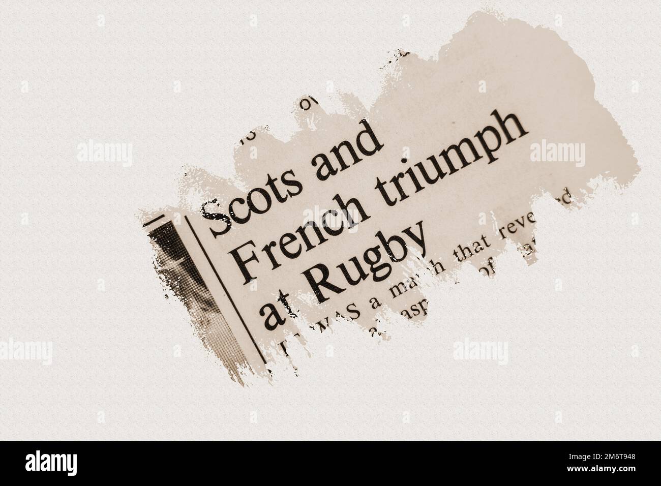 news story from 1975 newspaper headline article title - Scots and French triumph at Rugby - overlay sepia Stock Photo