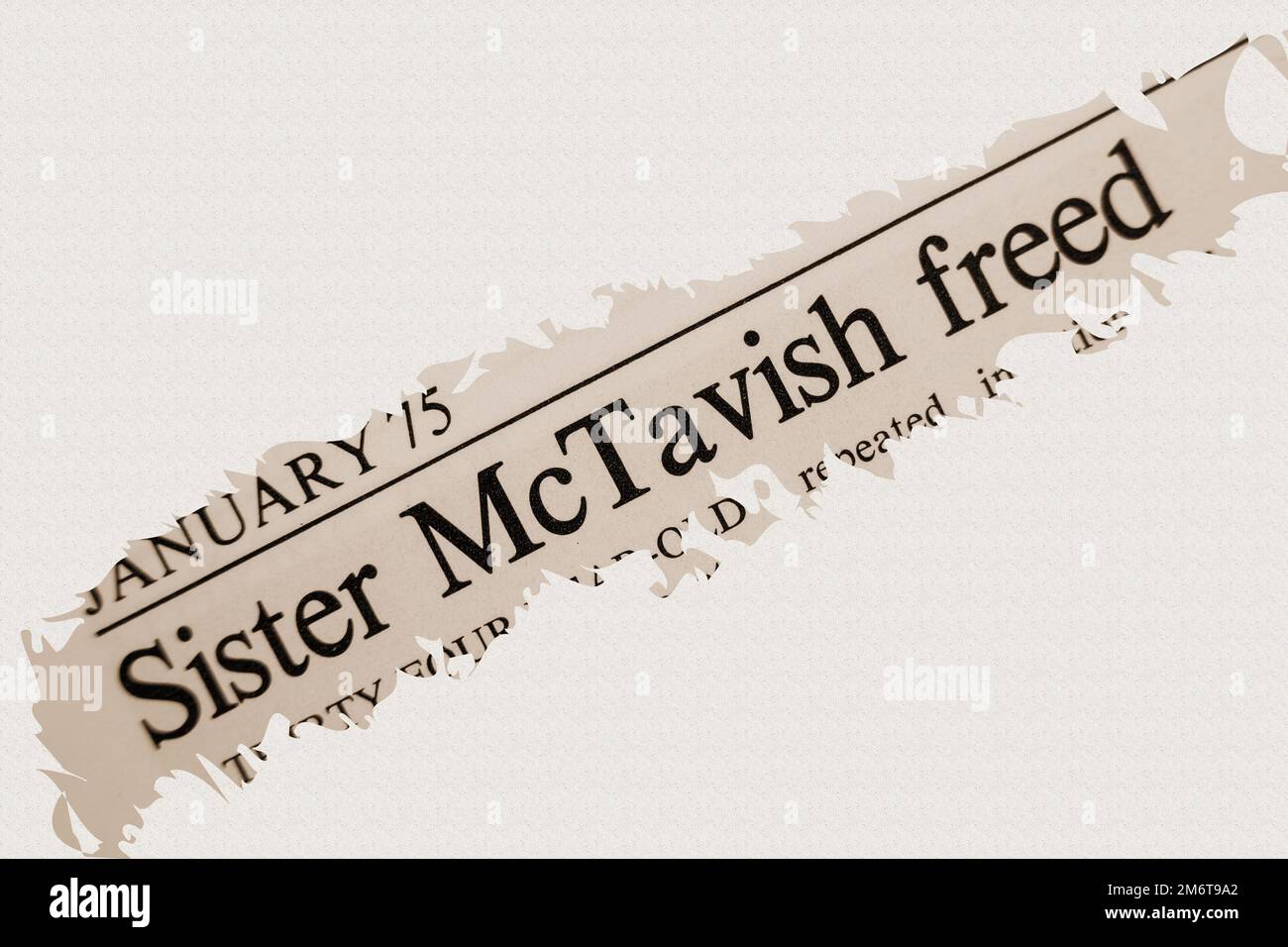 news story from 1975 newspaper headline article title - Sister McTavish freed - overlay sepia Stock Photo