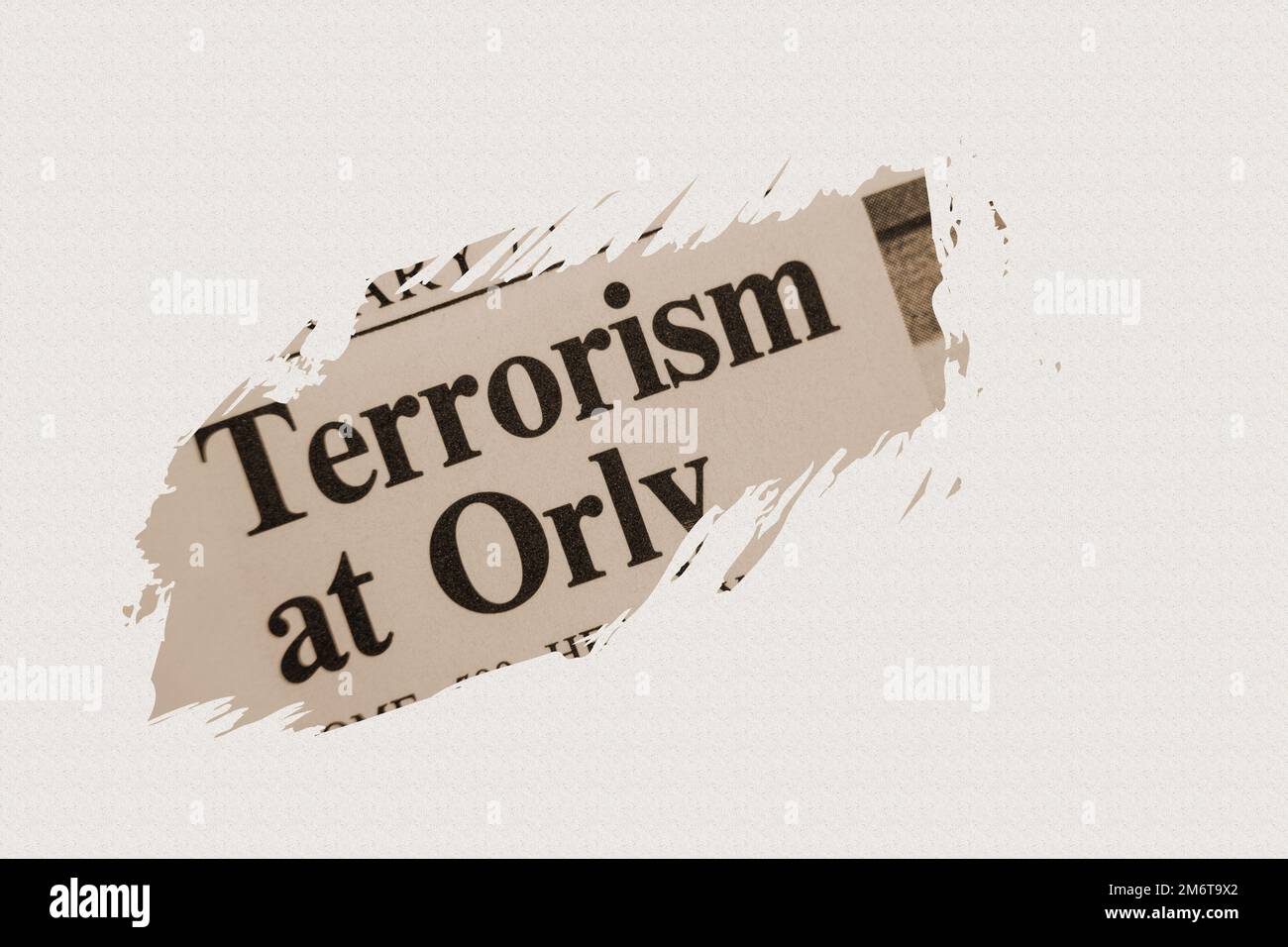 news story from 1975 newspaper headline article title - Terrorism at Orly in sepia Stock Photo