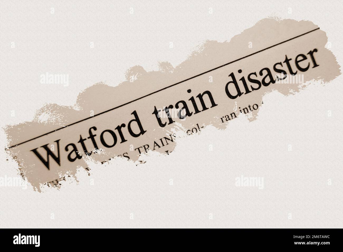 news story from 1975 newspaper headline article title - Watford train disaster - sepia Stock Photo