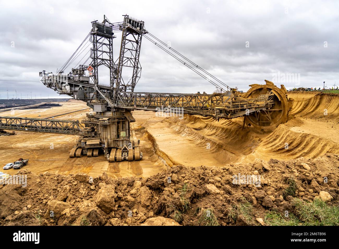 Opencast lignite mine Garzweiler 2, bucket wheel excavator 261 excavating the surface, near the rest of the hamlet of Lützerath, Erkelenz, NRW, German Stock Photo