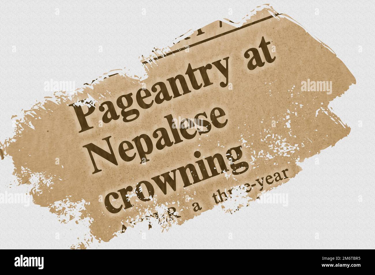 Pageantry at nepalese crowning - news story from 1975 newspaper headline article title with overlay highlight Stock Photo