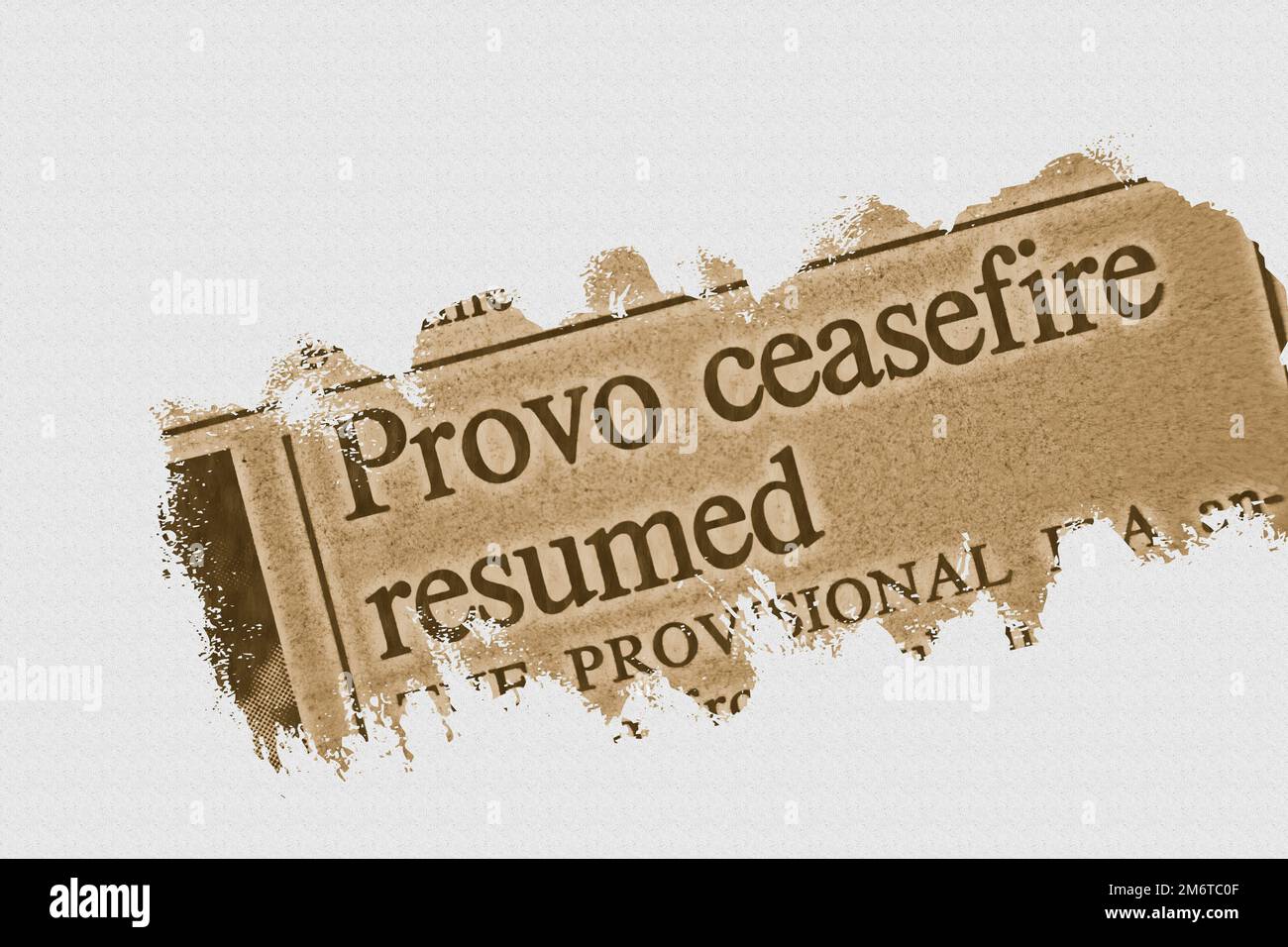 Provo ceasefire resumed - news story from 1975 newspaper headline article title with overlay highlight Stock Photo