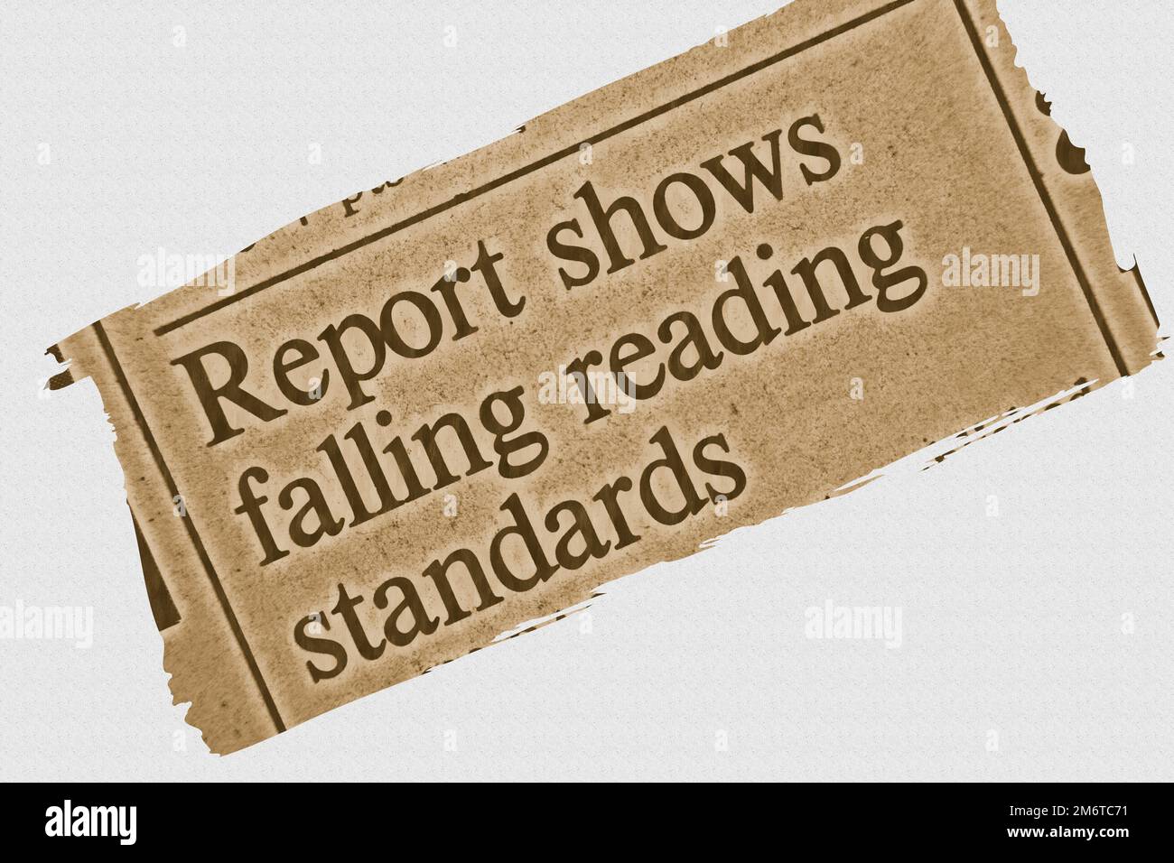 Report shows falling reading standards - news story from 1975 newspaper headline article title with highlight sepia overlay Stock Photo