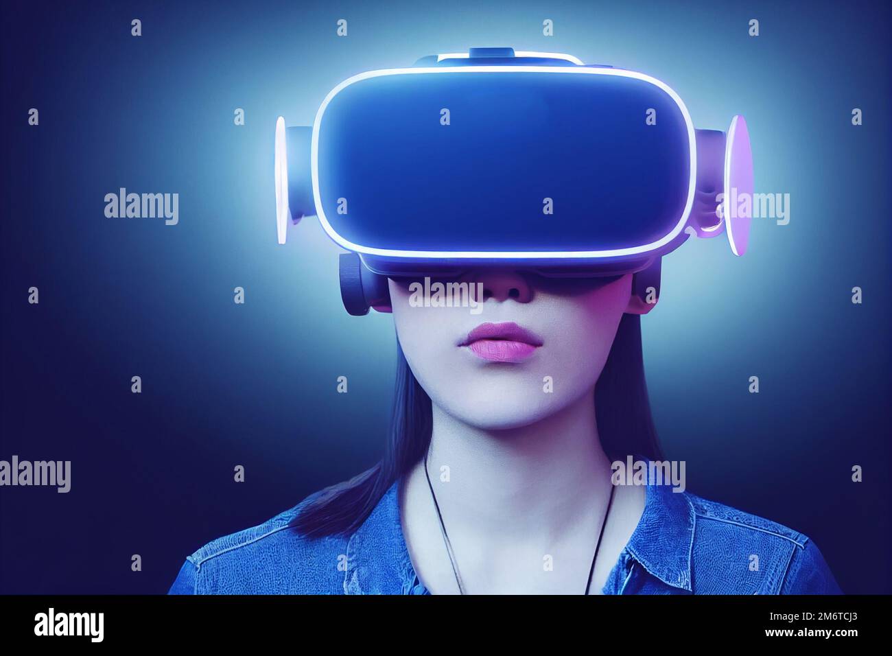 Woman wearing virtual reality glasses VR headset, virtual reality