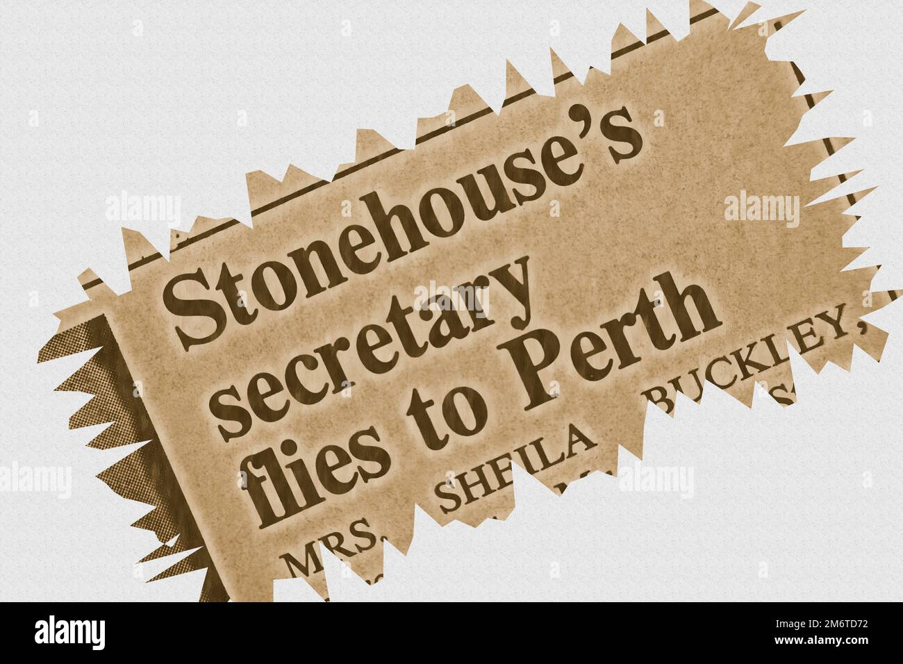 Stonehouse's secretary flies to Perth - news story from 1975 newspaper headline article title with overlay highlight Stock Photo